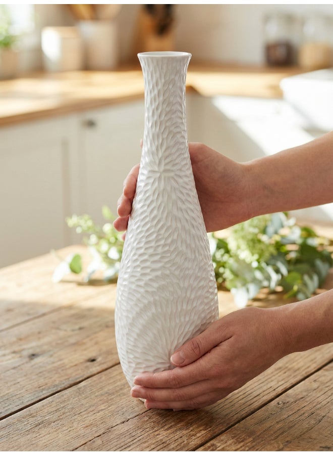 ايست من نون Ceramic Vase for Floral Decorative arrangement, Ht-46.4 cm | Shiny White Color | Flora Etch Design | Size -13.5x13.5x46.4 cm | Perfect for decorativing your living room, Ideal for decorating coffee table, dinning table, console table or any office or living space - Image 4